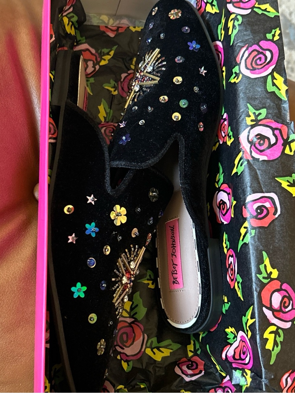Betsey Johnson Womens Black Solar Jeweled Rhinestone Velvet Mules Flat 8.5M - Picture 10 of 10